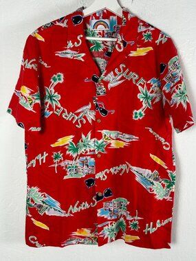 Vintage Paradise Found Hawaiian Shirt Mens Red Surf Print Short Sleeve Button-Up